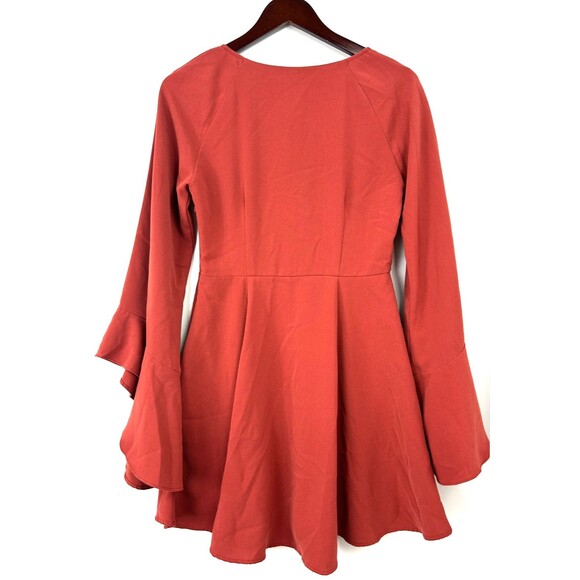 DO + BE Womens Rust Dress Layered Lined Bell Sleeve Lace Tie Mini Sz M 1198N3 - Picture 7 of 12